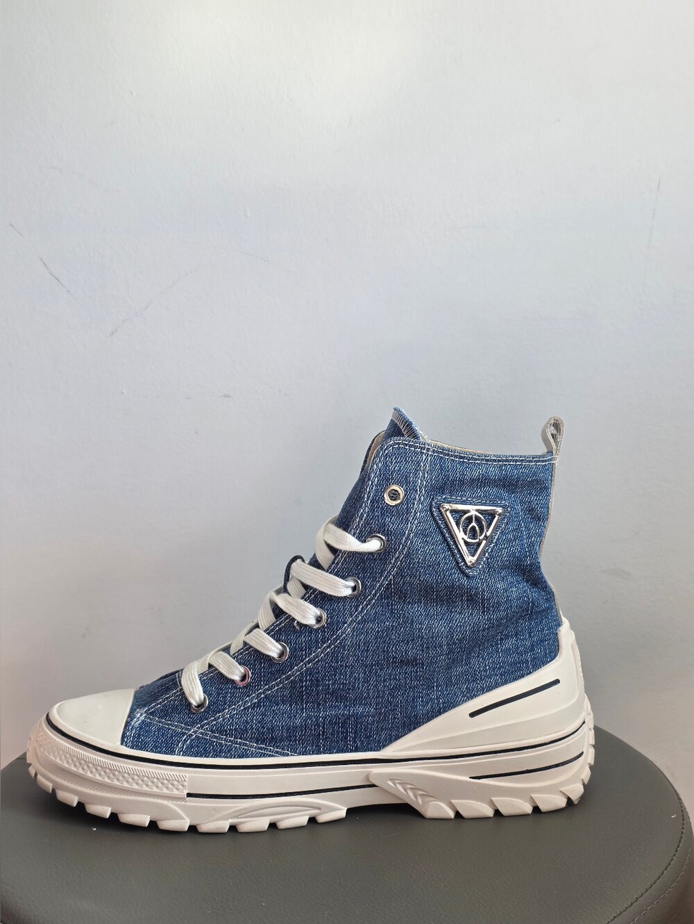 Wishbone Denim Platform High Top Sneakers Chunky Lug Sole Blue Jean Lace Up 10